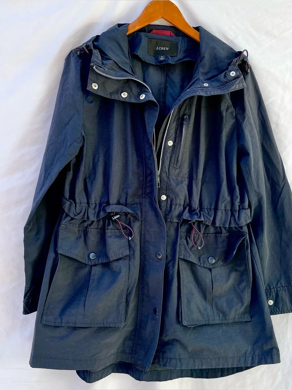 J.CREW | SMALL NAVY HOODED RAIN COAT JACKET ANORAK DRAWSTRING CORD WAIST